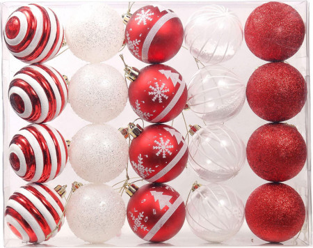 Set de 20 de globuri pentru bradul de Craciun Valery Madelyn, plastic, rosu/alb, 60 mm