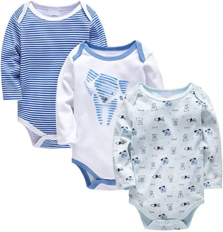 Set de 3 body-uri pentru bebelusi JiAmy, bumbac, alb/albastru, 6-9 luni