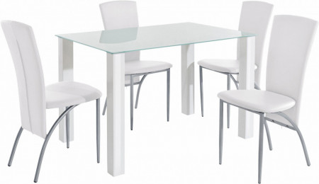 Set de living Norma/Nicole 4 scaune piele sintetica + 1 masa cu blat de sticla, alba, 120 x 80 x 76 cm
