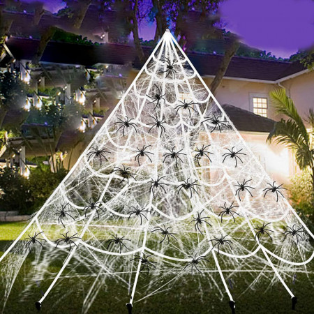 Set panza si 30 paianjeni pentru Halloween CatRain, matase/plastic, alb/negru, 7,5 x 5,5 m