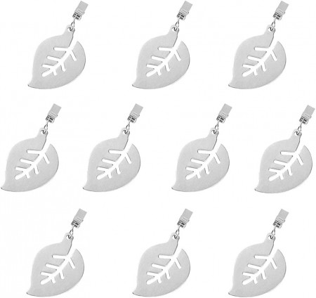 Set de 10 cleme pentru fata de masa Sinzau, otel inoxidabil, argintiu, frunza, 5 x 7 cm