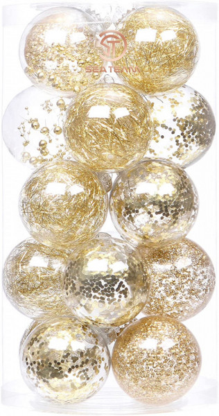 Set de 20 globuri de Craciun Sea Team, plastic, transparent/auriu, 8 cm