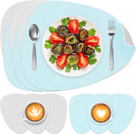 Set de 6 naproane si 6 coastere K KUMEED, piele artificiala, albastru deschis/gri, 31 x 40 cm / 13 cm
