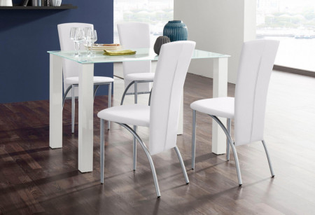Set de living Norma/Nicole 4 scaune piele sintetica + 1 masa cu blat de sticla, alba, 120 x 80 x 76 cm