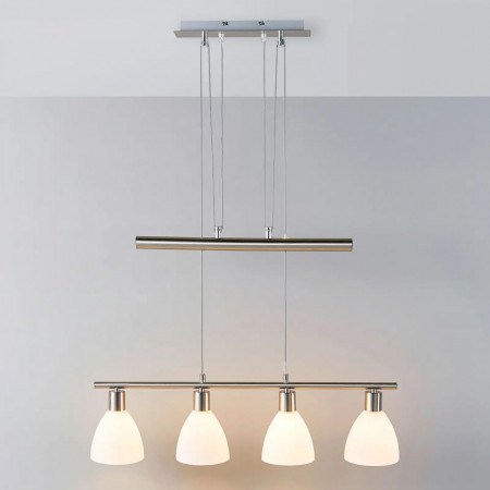 Lustra tip pendul Simeon, metal/sticla, argintiu/alb, 72,5 x 180 cm