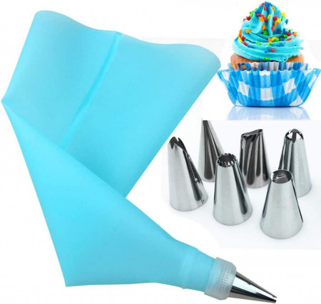 Set de 8 duze si sac pentru glazura torturi/prajituri, AukCherie, argintiu/albastru, otel inoxidabil/silicon