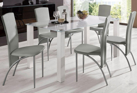 Set de living Norma/Nicole 4 scaune piele sintetica + 1 masa cu blat de sticla, gri, 160 x 80 x 76 cm