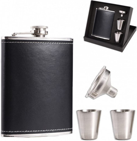 Sticla pentru bauturi cu palnie si pahare FUXHBFB, cu invelis piele, otel inoxidabil, negru/argintiu, 13,5 x13,5 cm