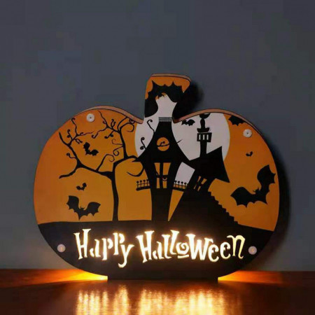 Decoratiune pentru Halloween, model dovleac, LED, lemn, 23,5 x 19,7 cm