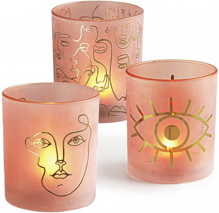 Set de 3 suporturi pentru lumanari Mj Premier, sticla, roz/auriu, 10 x 9 cm