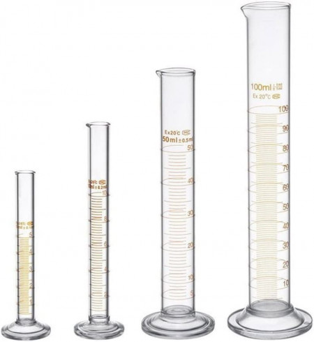 Set de 4 cilindre gradate pentru masurare si 2 perii Wobekuy, sticla, transparent, 5 ml / 10 ml / 50 ml / 100 ml