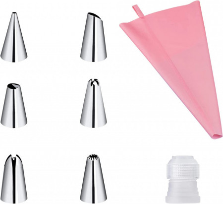 Set de 8 duze si sac pentru glazura torturi/prajituri SET WALTTER, argintiu/roz, otel inoxidabil/silicon