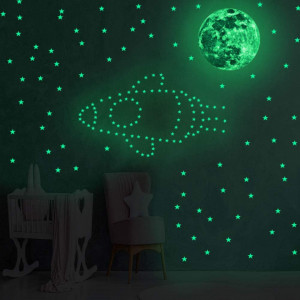 Autocolante luminoase de perete DAXIAO, luna si stele, verde, PVC, 30 x 30 cm / 12,5 x 17,5 cm