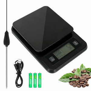 Cantar de bucatarie digital cu afisaj LCD si senzor de temperatura Luckits, USB, plastic, negru, 20 x 14.5 x 3.1 cm
