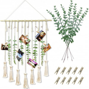 Decoratiune de perete cu eucalipt si clipsuri pentru fotografii Amurhey, macrame/lemn, verde/alb, 90 x 40 cm