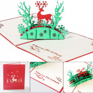 Felicitare 3D pentru Craciun, carton, alb/verde/rosu, 15 x 15 cm