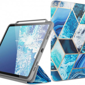 Husa de protectie pentru iPad PRO 2018/2020/2021 i-Blason, piele sintetica, alb/albastru/auriu, 11 inchi