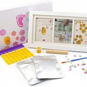 Kit de imprimare amprente bebelus, cu rama foto Victarvos, lemn/ipsos/vopsea, alb, 33 x 17,5 cm