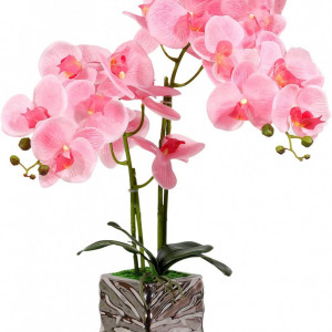 Orhidee artificiala RENATUHOM, roz/verde/argintiu, matase/plastic/portelan, 49 cm