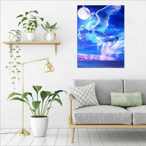 Pictura cu diamant 5D Sxfxiaohe, unicorn,panza/rasina, albastru, 30 x 40cm