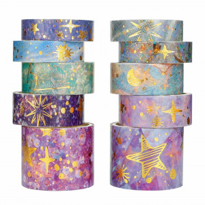 Set 10 role de banda washi Lychii, hartie, violet/albastru/auriu, 2 m
