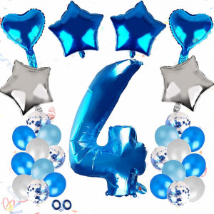 Set aniversar cifra 4 Colmanda, albastru/alb, folie/latex, 35 piese