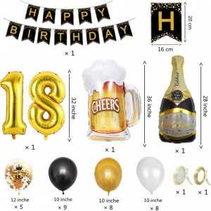 Set aniversar pentru 18 ani HJHL, alb/negru/auriu, folie/latex, 36 piese