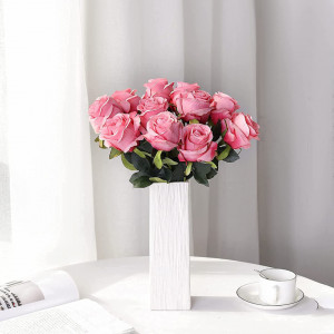 Set de 10 trandafiri artificiali Hawesome, matase/plastic, verde/roz 54 cm