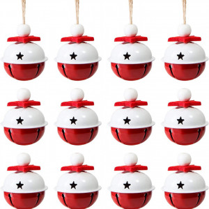 Set de 12 clopotei decorativi pentru Craciun Naler, fier, alb/rosu, 4 cm