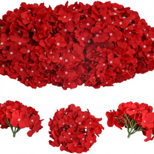 Set de 12 hortensii artificiale Tifuly, metal/plastic/matase, rosu/verde, 33 cm