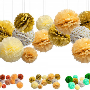 Set de 15 pompoane Balloono, hartie, multicolor, 20/25/30 cm