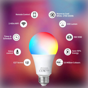 Set de 2 becuri inteligente Fitop, WiFi, E27, bec alb dimmable și schimbare de culoare, 9W 806LM = 80W, LED, RGBCW, compatibil cu Alexa / Google Home