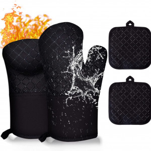 Set de 2 manusi cu 2 perne pentru bucatarie SerDa-Run, negru, silicon, 31 x 17 cm / 17,5 x 17,5 cm