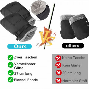 Set de 2 manusi pentru carucior HuiJuKeJi, tesatura/blana, gri/negru, 27 x 16 cm