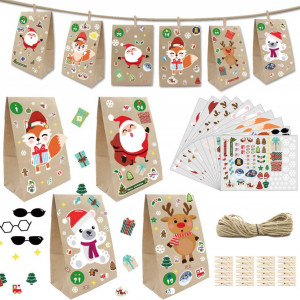 Set de 24 pungi cu autocolante si clips pentru calendar de Advent WEYON, hartie/lemn/textil, multicolor, 15 x 9 x 27 cm