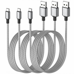 Set de 3 cabluri micro USB de incarcare rapida SUNGUY, compatibil cu Android Huawei P9 Lite / P8 / P7 / mate 10/9 lite / mate8 / 7, Samsung Galaxy S7 S6 S4 Note5 Note4 J7 J5, nailon, gri, 1,5 m
