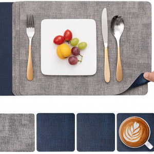 Set de 4 naproane pentru tacamuri/farfurii si 4 naproane pentru pahare Myir JUN, piele PU, gri/albastru