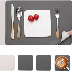 Set de 4 naproane si 4 coastere Myir JUN, piele, alb/gri, 30 x 43 cm / 10 x 10 cm