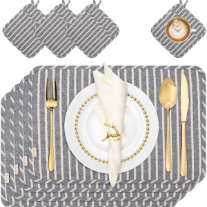 Set de 4 naproane si 4 coastere NEOVIVA, gri/alb, bumbac, 30 x 45 cm / 20 x 20 cm