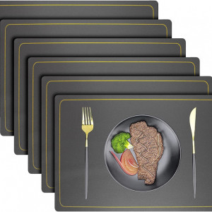 Set de 6 naproane, piele PU, gri/auriu, 30 x 45 cm