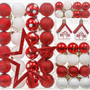 Set de 60 globuri Valery Madelyn, plastic, alb/rosu, 29 X 32 X 8 cm