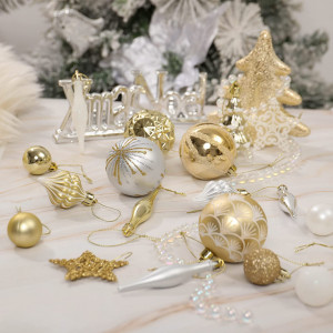 Set de 70 decoratiuni pentru bradul de Craciun Valery Madelyn, plastic, alb/auriu, 3-9 cm