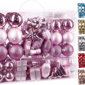 Set de 77 globuri de Craciun Brubaker, roz, plastic, 4 - 10,5 cm
