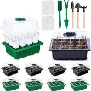 Set de 8 tavi pentru gradinarit cu unelte Sunshine, 33 piese, plastic/metal/lemn, negru/verde