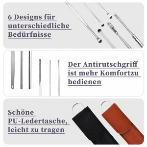 Set de accesorii pentru curatarea urechilor TUAHOUS, otel inoxidabil/piele PU, negru/argintiu/maro, 16 piese