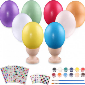 Set de creatie cu 8 oua pentru Paste, 2 suporturi si accesorii de vopsit SUNANFBEST, multicolor, lemn/vopsea, 6 x 4,3 cm