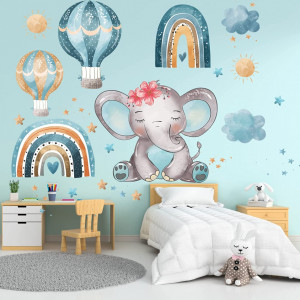 Set de stickere pentru perete Bdecoll, 3 foi, model elefant, vinil, multicolor