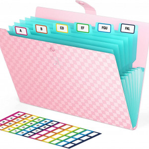 Set organizator cu 7 buzunare acordeon si 48 etichete Abc, plastic/hartie, roz/albastru, 32,5 x 24,3 cm