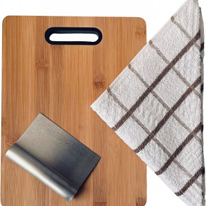 Set placa de tocat cu taietor si prosop HdHStore, bambus/textil/otel inoxidabil, multicolor