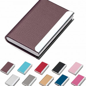 Suport pentru carti de vizita MUCO, piele PU/metal, maro/argintiu, 9,6 x 6,4 x 1,3 cm